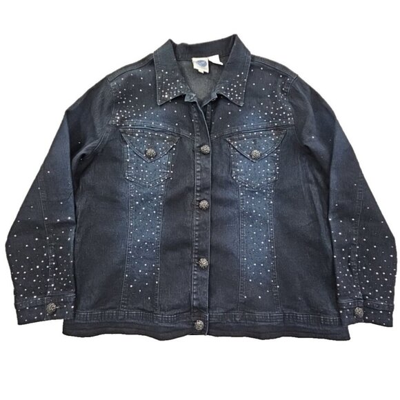DG2 Diane Gilman Dark Indigo Blue Jean Denim Jacket Women's 1X Rhinestones EUC - Picture 1 of 12